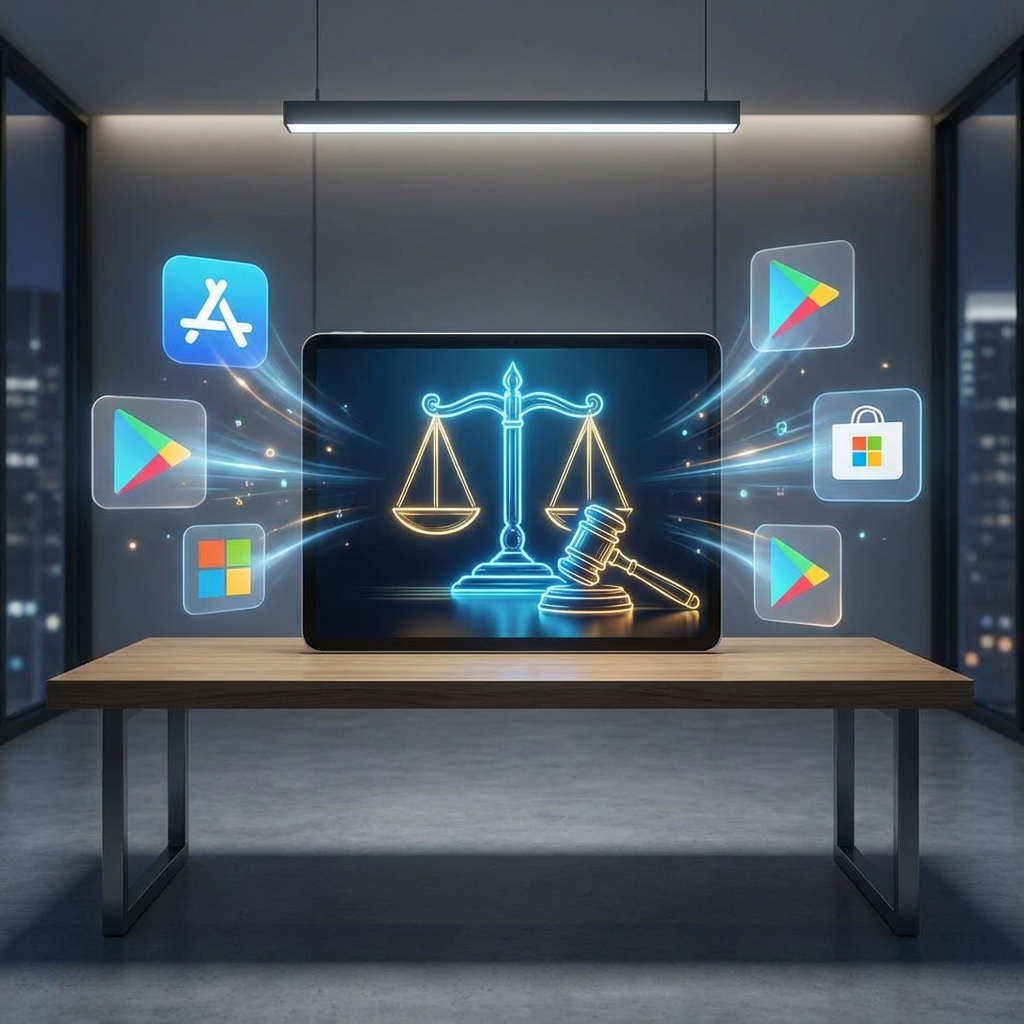 A modern desk with a glowing digital tablet showing a law icon, surrounded by floating app store logos. Professional lighting, technological atmosphere, 1:1 aspect ratio, no text.