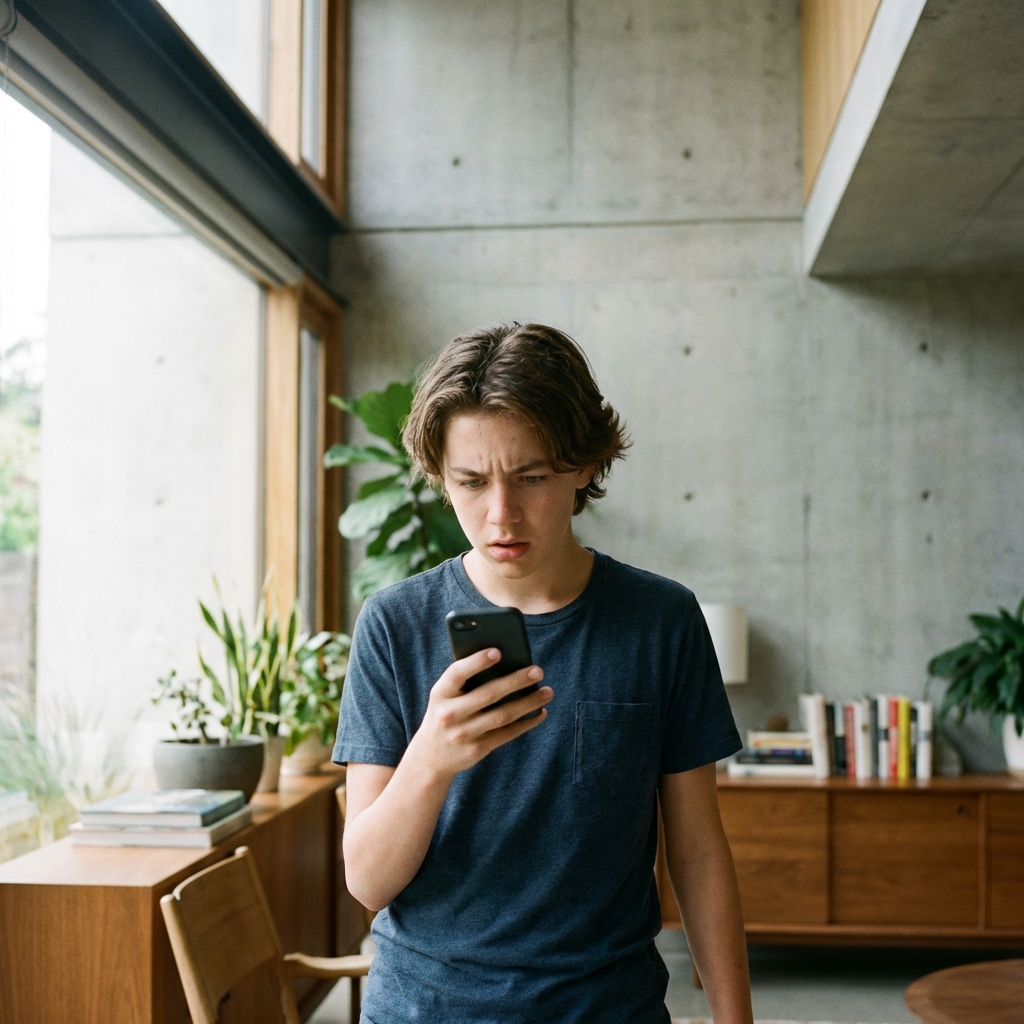 A teenage person looking at a smartphone screen with a concerned and surprised facial expression in a modern room. Natural lighting, lifestyle photography, 1:1 aspect ratio, no text.