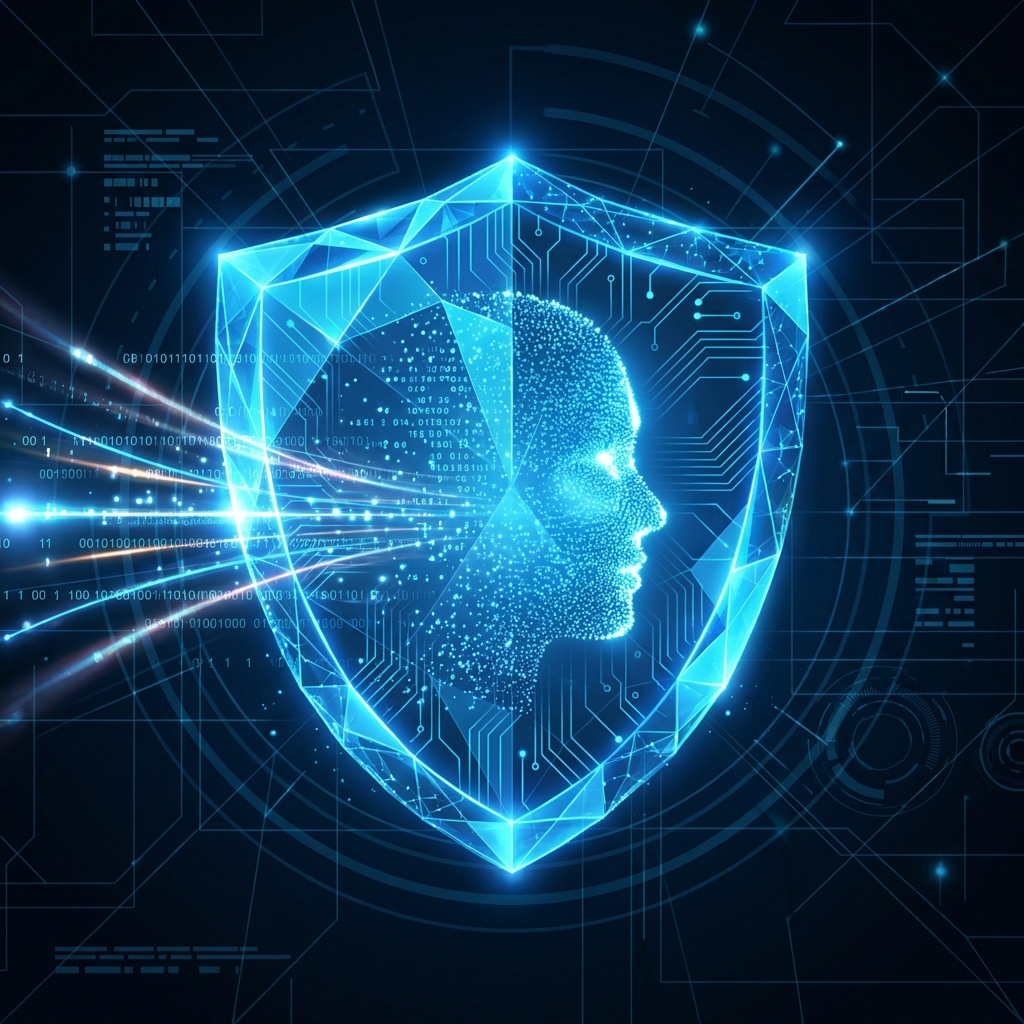 A stylized digital shield glowing with blue light protecting a human profile silhouette. High tech security concept, dark background with light effects, 1:1 aspect ratio, no text.