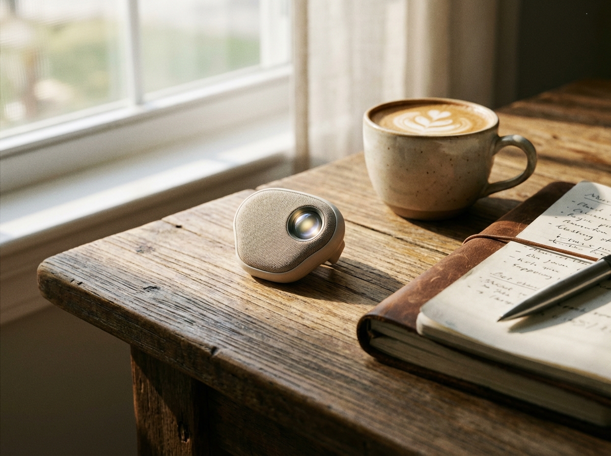 A detailed composition showing the AI wearable device sitting on a wooden desk next to a coffee cup and a notebook. Soft morning light, cozy and productive atmosphere, realistic lifestyle photography, 4:3 aspect ratio, no text.