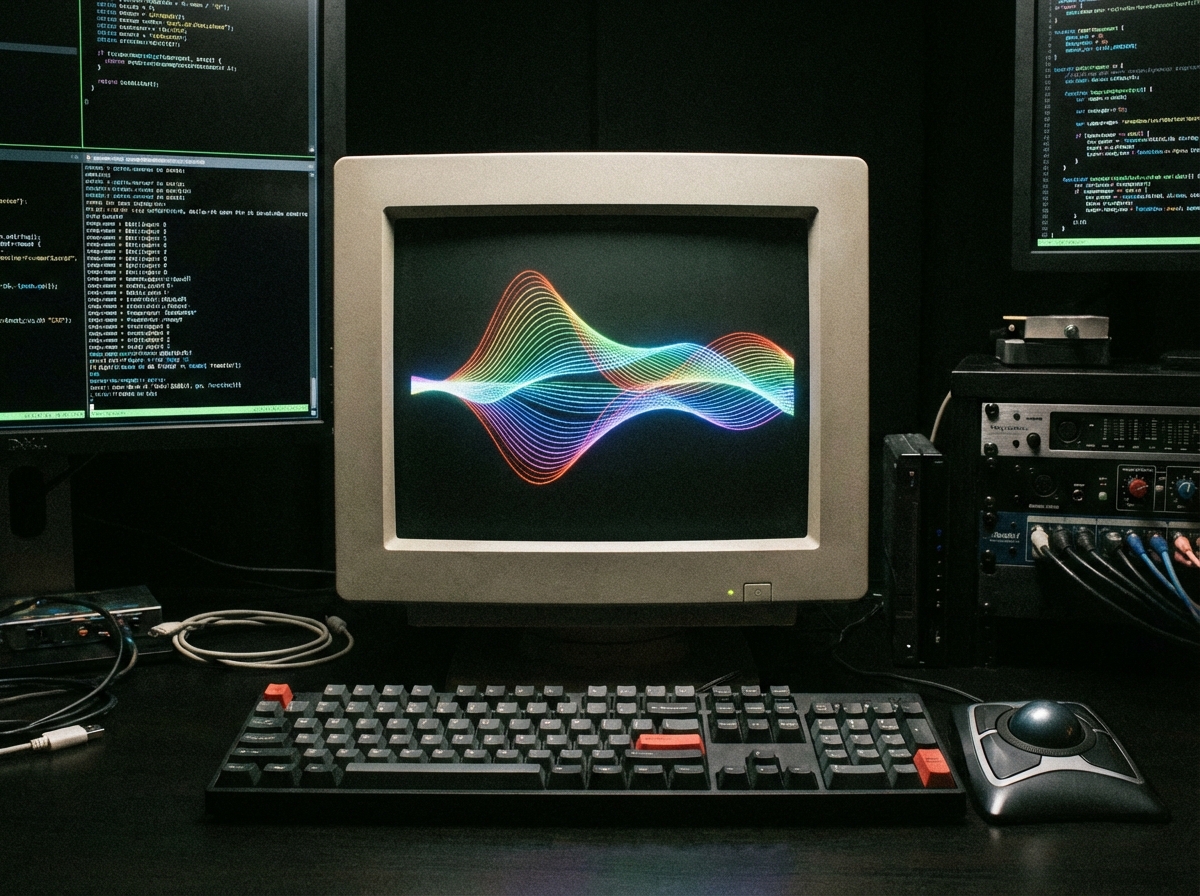 A sleek digital audio visualizer displaying colorful sound waves on a computer screen, dark room background, professional programming environment, 4:3, no text