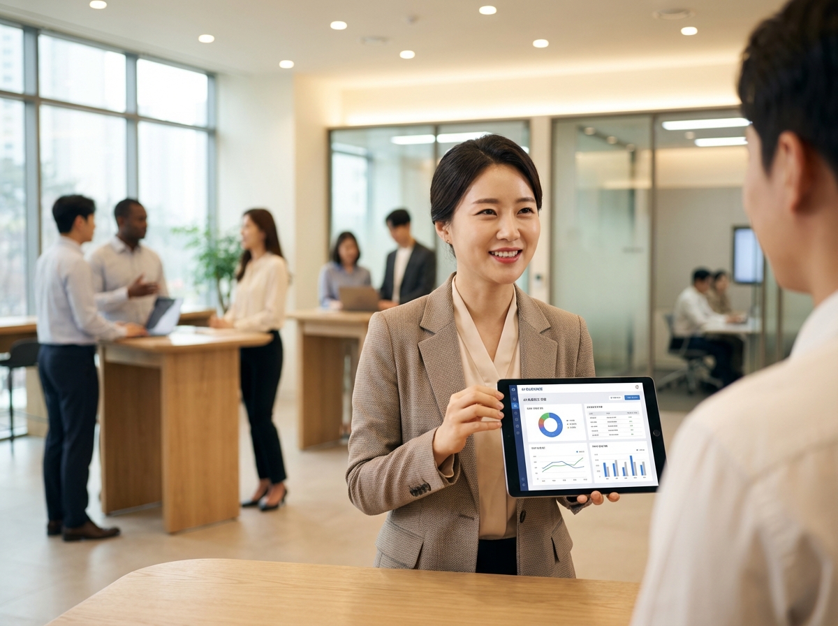 A professional South Korean sales consultant in a modern bank office holding a tablet showing real-time AI guidance, warm lighting, natural office atmosphere, diverse colleagues in the blurred background, 4:3 aspect ratio, no text.
