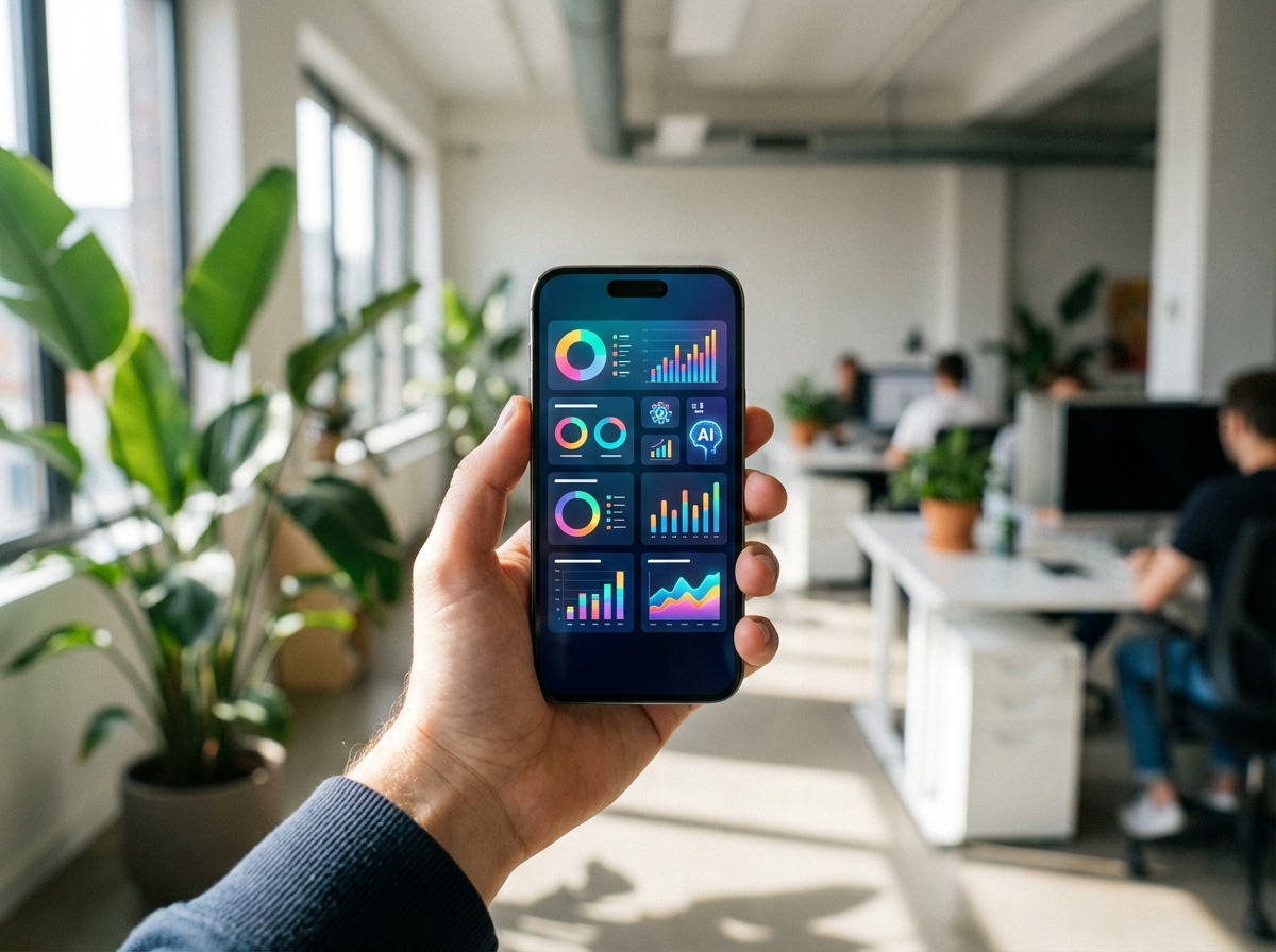 A high-quality lifestyle photography of a hand holding a smartphone displaying a sleek business performance app with colorful charts and AI insights, bright office background, blurred setting, 4:3 aspect ratio, no text.