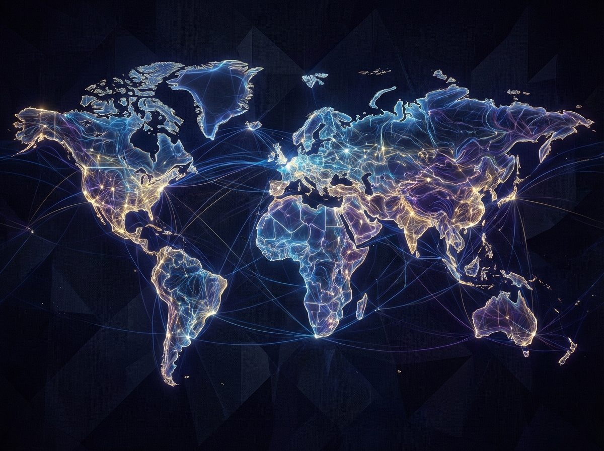 An artistic rendering of a world map connected by glowing digital lines representing global business growth and expansion, textured dark background, elegant composition, 4:3 aspect ratio, no text.