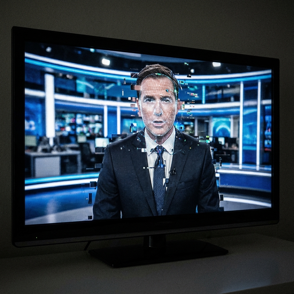 A professional news broadcast screen with digital glitch effects and a subtle deepfake overlay concept. A news anchor is shown partially distorted with digital artifacts. Modern newsroom background, high contrast, 1:1 aspect ratio, no visible text.