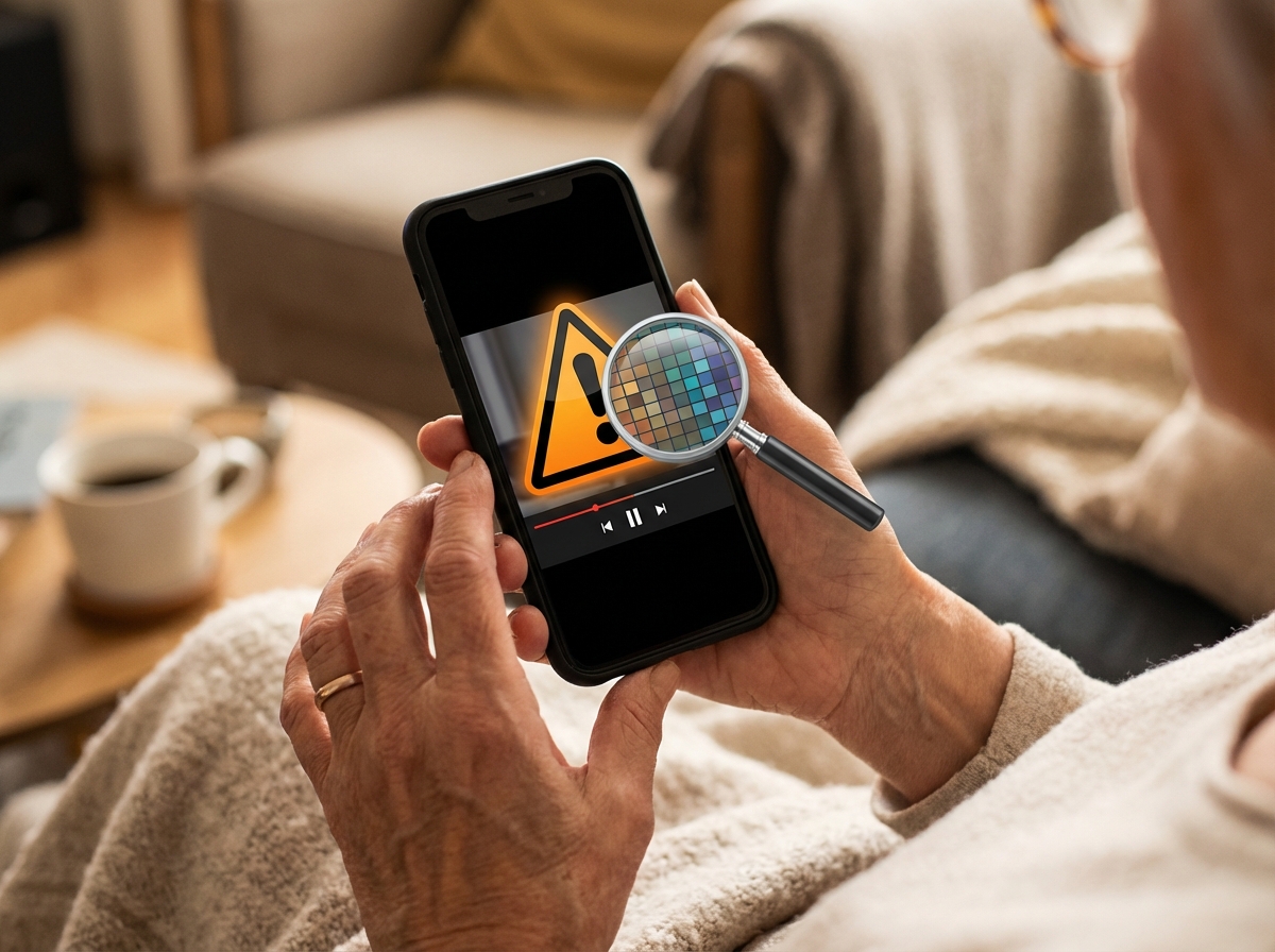 Close-up of a person's hands holding a smartphone displaying a video with a warning sign. A magnifying glass graphic is overlaid on the screen showing digital pixels. Warm indoor lighting, realistic lifestyle photography, 4:3 aspect ratio, no visible text.