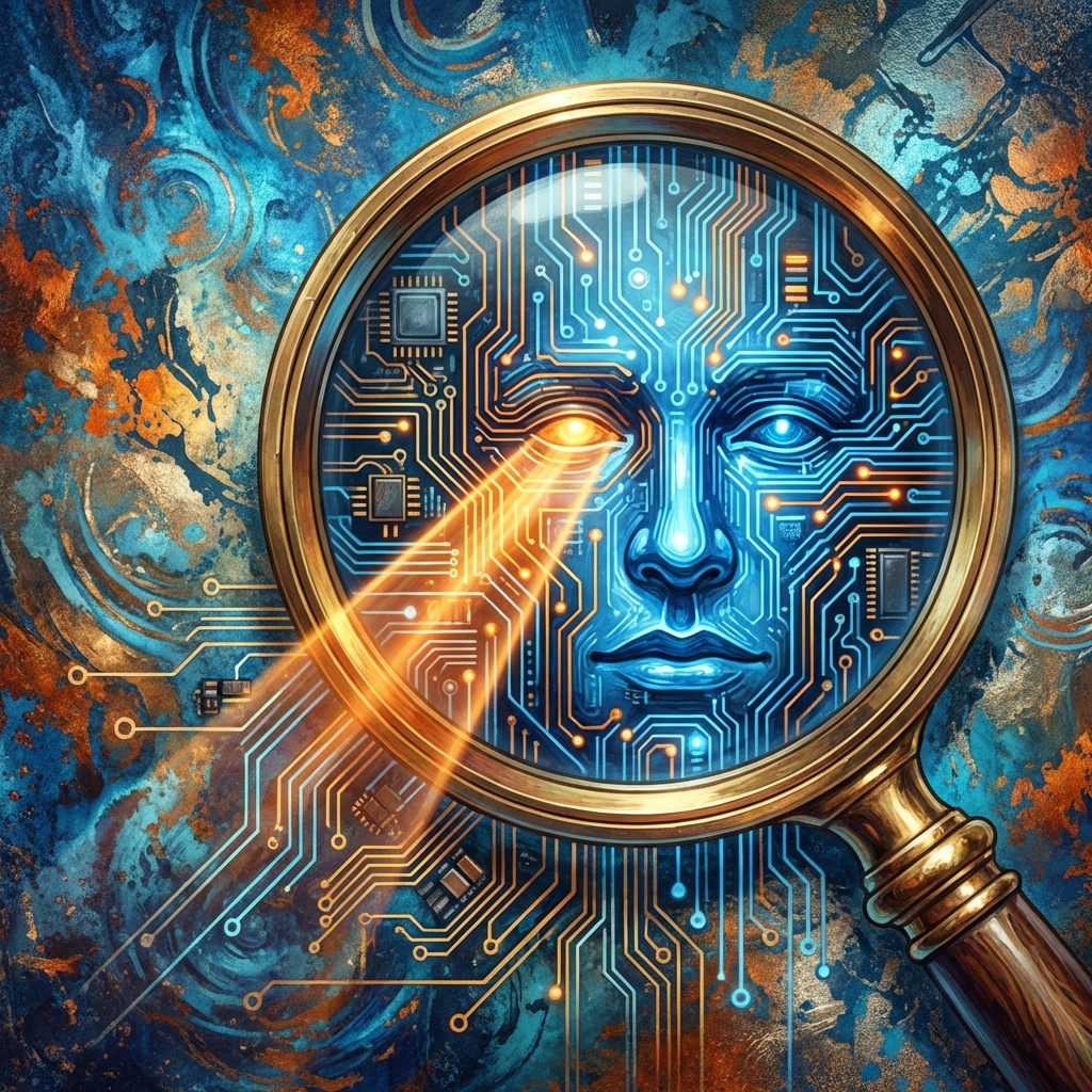 Artistic rendering of a large magnifying glass focusing on a digital circuit board that looks like a human face. Vibrant blue and orange colors, textured background, professional digital art style, 1:1 aspect ratio, no visible text.