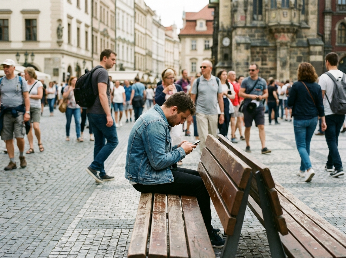 A realistic photography of a person in a crowded city square, sitting on a bench but looking deeply absorbed in their smartphone. The surrounding crowd is slightly blurred to emphasize the individual's isolation despite being among people. High detail, natural lighting, 4:3 aspect ratio, no text.