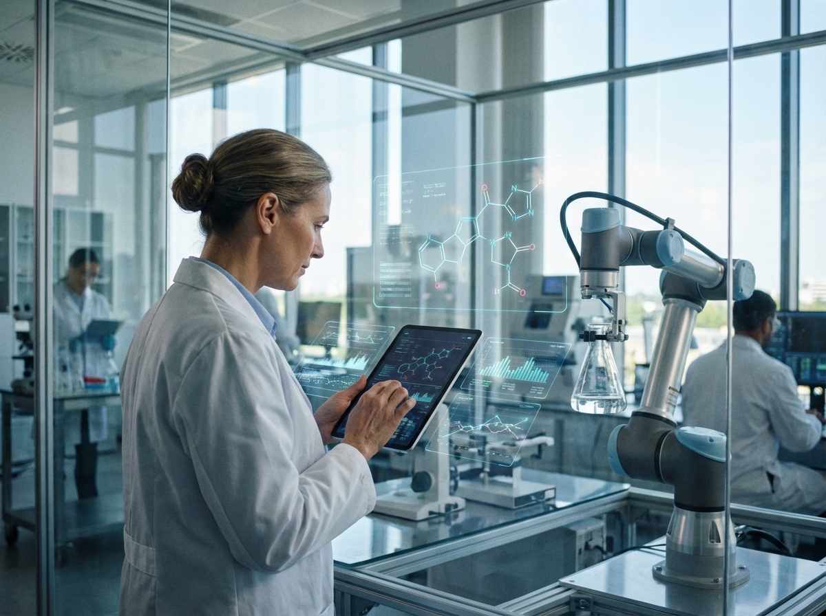 A scientist using a tablet to control a robotic arm in a high-tech lab. Digital data overlays showing molecular formulas and graphs. Bright, natural laboratory lighting, professional atmosphere. 4:3 aspect ratio, no visible text.