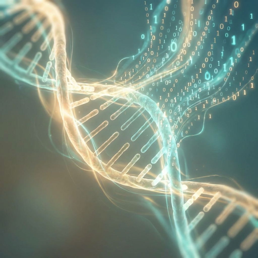 Abstract representation of a double helix DNA strand transforming into digital binary code. Soft golden and teal lighting, inspiring and hopeful mood, high-quality digital art. 1:1 aspect ratio, no visible text.