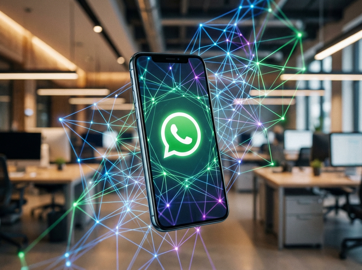 A sleek smartphone displaying the WhatsApp logo on its screen, surrounded by glowing digital neural network lines representing AI integration. Modern tech office background with soft lighting, 4:3 aspect ratio, no text.