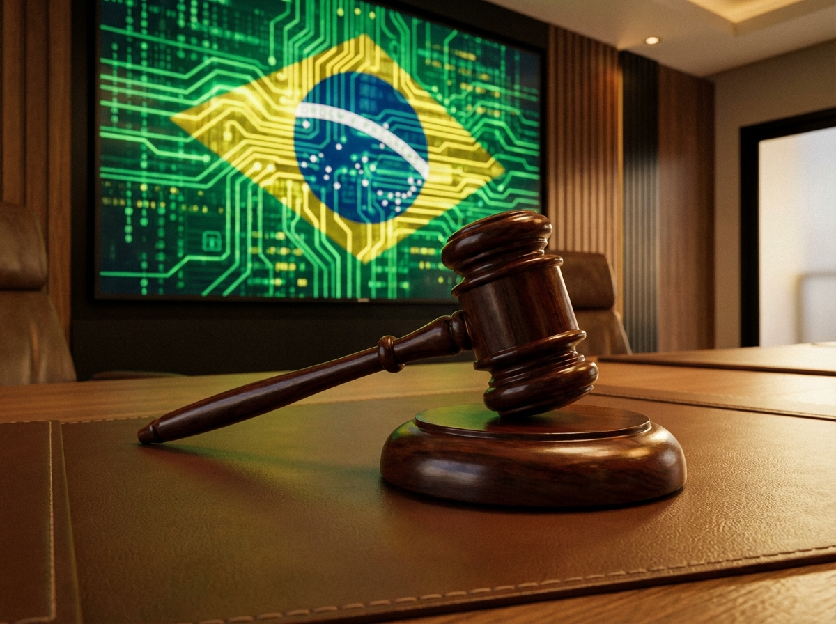 A professional gavel resting on a desk with abstract digital data patterns in the background using green and yellow accents from the Brazilian flag. High-quality corporate legal aesthetic, 4:3 aspect ratio, no text.