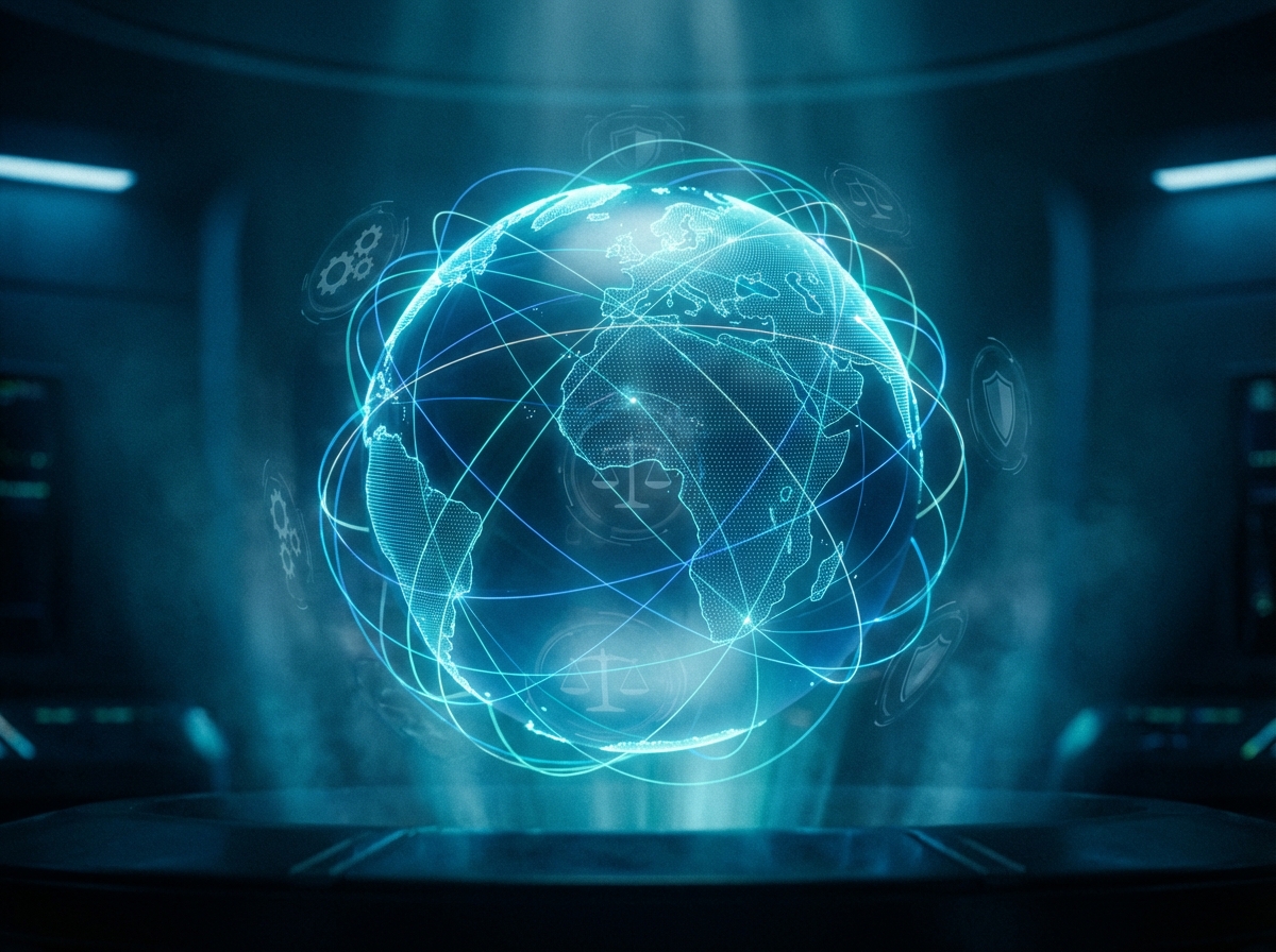 A glowing globe with interconnecting light lines symbolizing global communication, with subtle holographic UI elements representing regulatory oversight. Deep blue and cyan tones, cinematic lighting, 4:3 aspect ratio, no text.
