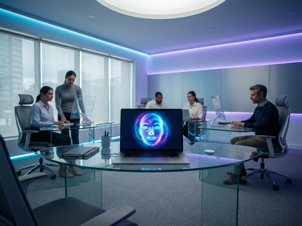 A futuristic office setting with a friendly digital AI assistant visualization glowing on a laptop screen, modern clean aesthetics, soft blue and purple lighting, professional atmosphere, aspect ratio 4:3, no text