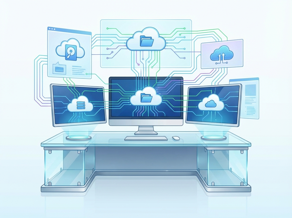 A high-tech workstation showing various cloud icons like drive and folders interconnected by glowing lines, symbolizing integration and connectivity, clean vector style, bright and professional, aspect ratio 4:3, no text