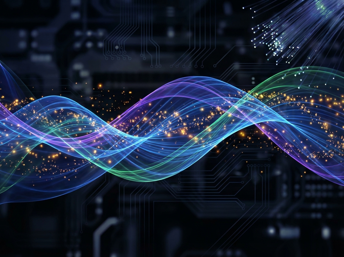 Abstract visualization of voice waves and digital particles representing AI communication, vibrant colors on a dark sleek background, sophisticated technology feel, aspect ratio 4:3, no text