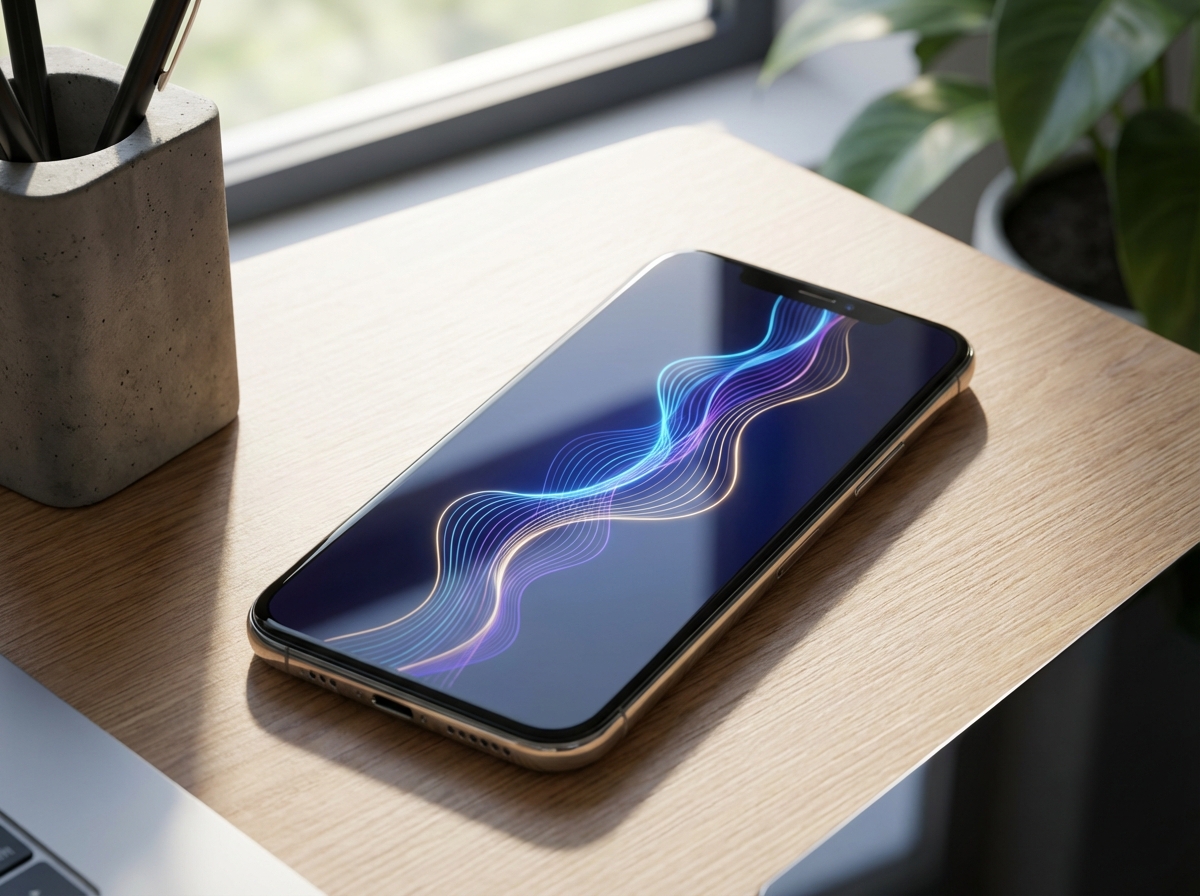 Close-up of a sleek smartphone displaying a stylized voice wave interface, modern office desk setting, bright natural lighting, 4:3, no text, high quality photography