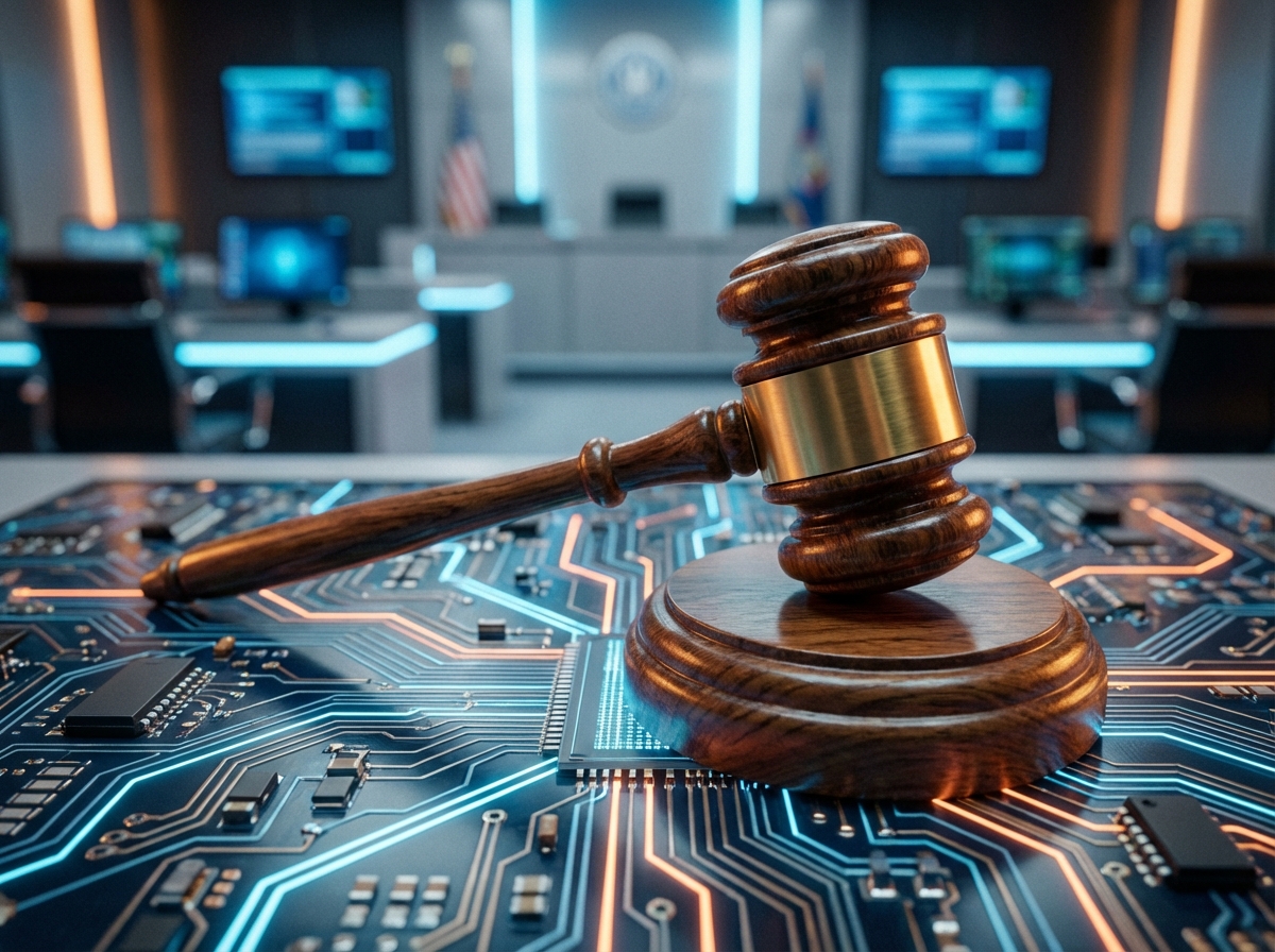 A wooden gavel resting on a high-tech circuit board table. Soft blue and orange neon lights reflecting on the wood. The background shows a modern courtroom setting blurred. Cinematic lighting, 4:3 aspect ratio, no text.