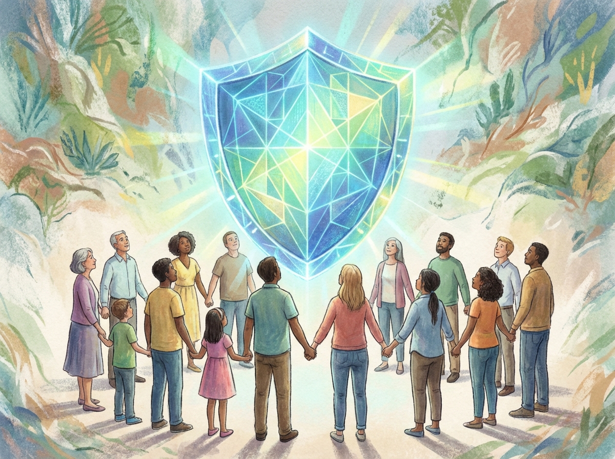An artistic illustration of a diverse group of people standing together in front of a giant digital shield. The shield has glowing geometric patterns. Soft pastel colors, textured background, hopeful atmosphere. 4:3 aspect ratio, no text.