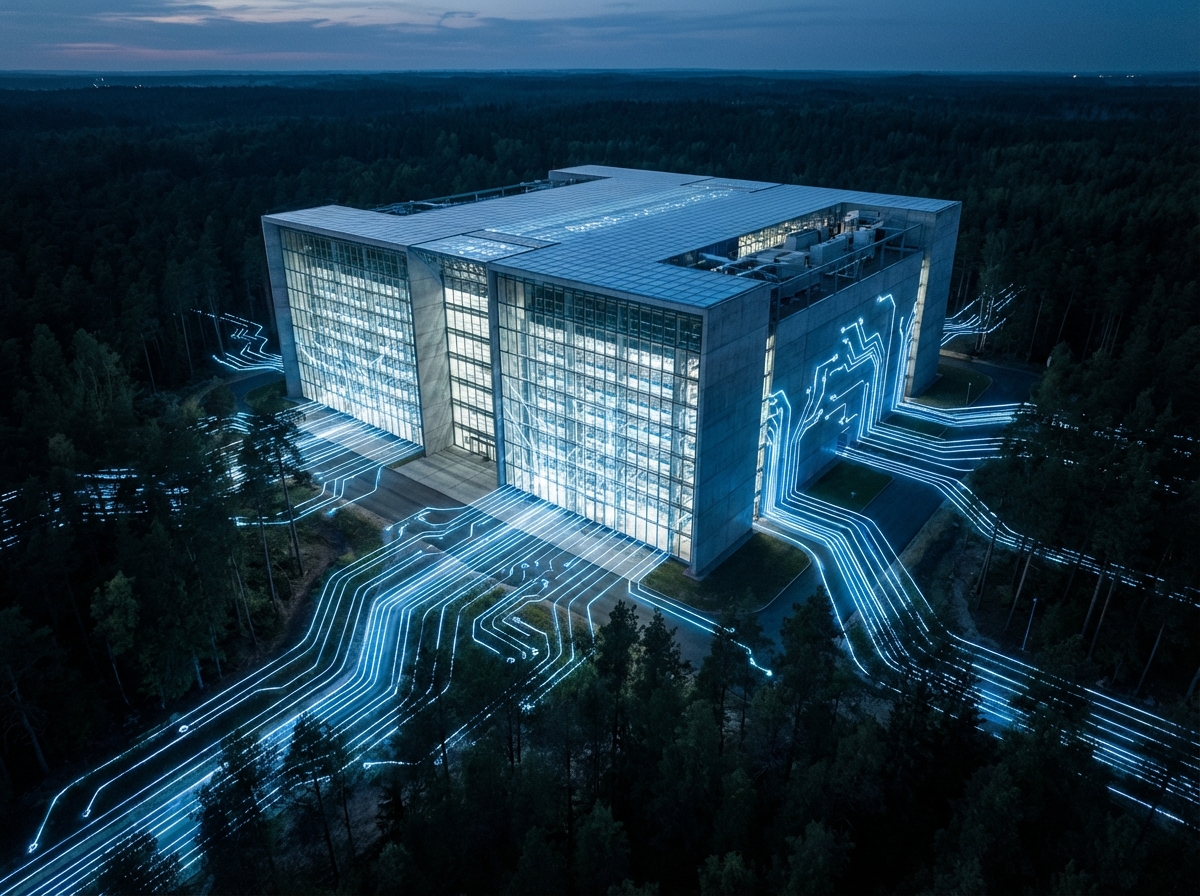 A massive modern data center building located in the middle of a forest, glowing blue digital energy lines flowing into the building, high contrast, cinematic lighting, architectural photography style, 4:3, no text