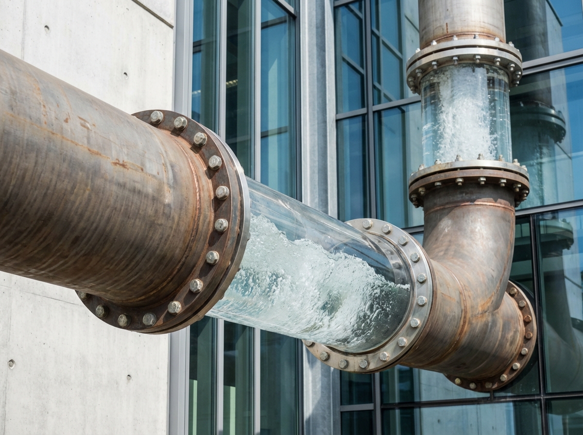 Close up of huge industrial water cooling pipes connected to a high-tech building, clean water flowing through transparent sections, professional industrial photography, bright natural lighting, 4:3, no text