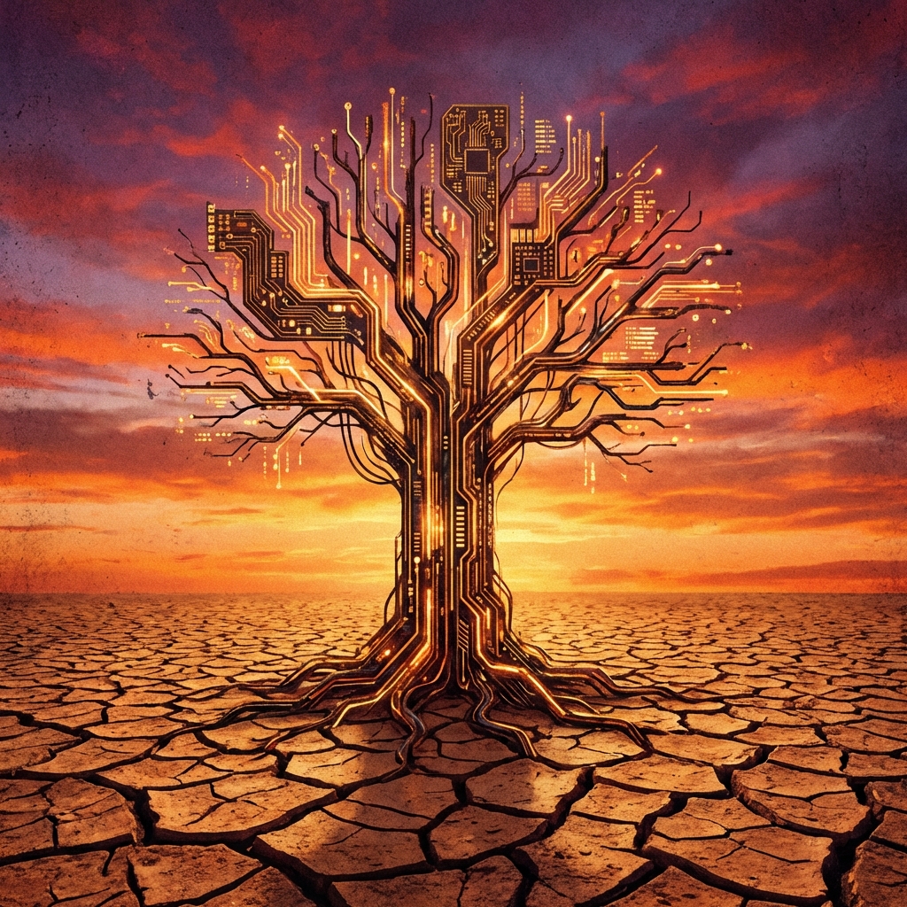 A conceptual illustration of a digital tree made of glowing circuits standing on a dry cracked earth ground, surreal artistic style, warm sunset lighting, textured background, 1:1, no text