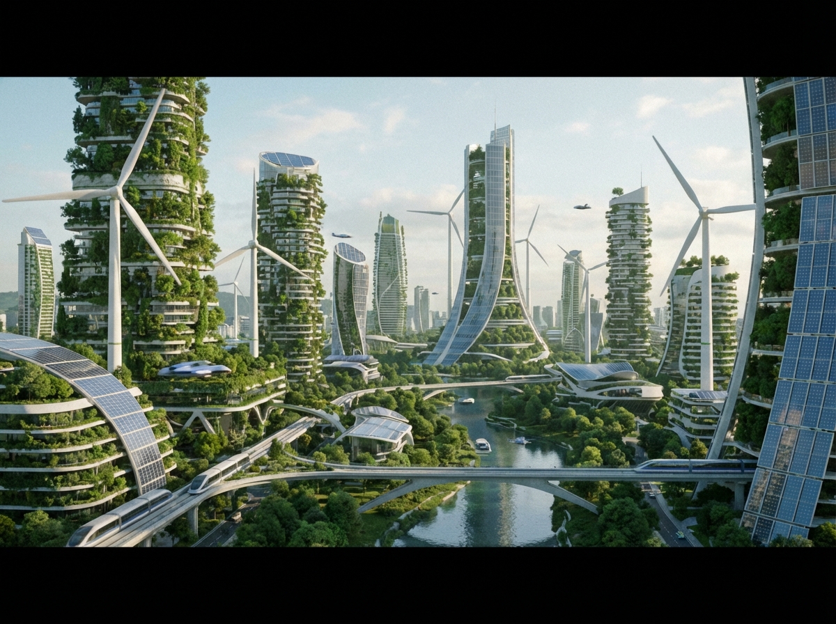 A futuristic eco-friendly city where high-tech buildings are covered in lush green plants, wind turbines and solar panels integrated into architecture, soft natural daylight, cinematic wide shot, 4:3, no text