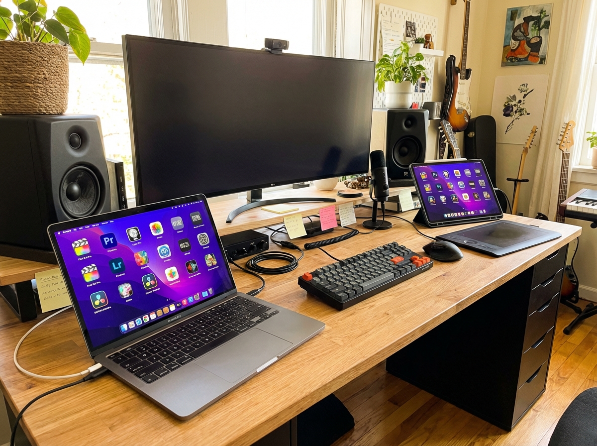 A professional workspace with a MacBook Pro and iPad Pro side by side, displaying colorful icons of video editing and music production software, vibrant creative energy, modern desk setup, 4:3 aspect ratio, no text