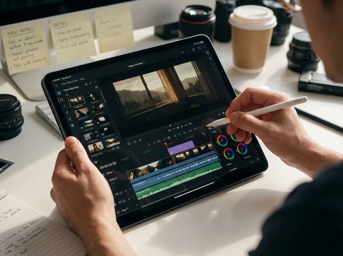 A person using an Apple Pencil to edit a cinematic video on an iPad Pro, close up on the screen showing timeline and video previews, natural studio lighting, creative atmosphere, 4:3 aspect ratio, no text