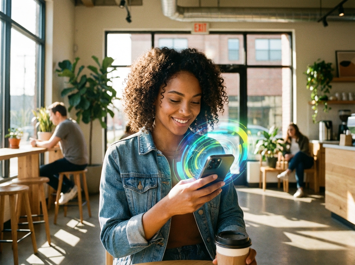 A young professional person sitting in a bright modern cafe, interacting with an iPhone that shows a sleek and colorful AI interface glow, lifestyle photography, warm natural lighting, 4:3 aspect ratio, no visible text