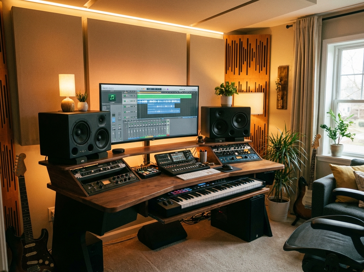 A modern home recording studio with a large monitor showing music production software, studio monitors and a midi keyboard on the desk, warm ambient lighting, professional vibe, 4:3 aspect ratio, no text