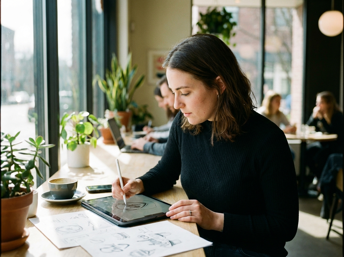 A creative professional working on a graphic design project using an iPad in a bright cafe, lifestyle photography, natural lighting, focused expression, 4:3 aspect ratio, no text