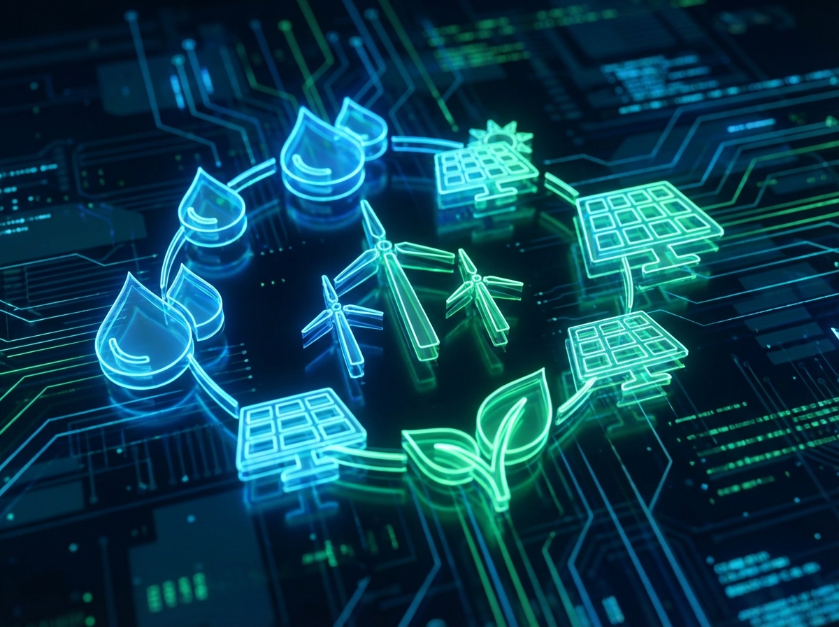 Conceptual illustration of clean energy and water drops, glowing blue and green icons representing sustainability, abstract digital circuit background, 4:3, no visible text