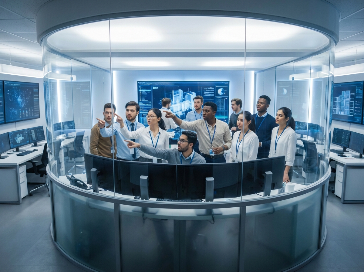 Diverse group of young professionals in a high-tech control room, collaborating on digital screens, bright and professional atmosphere, 4:3, no visible text