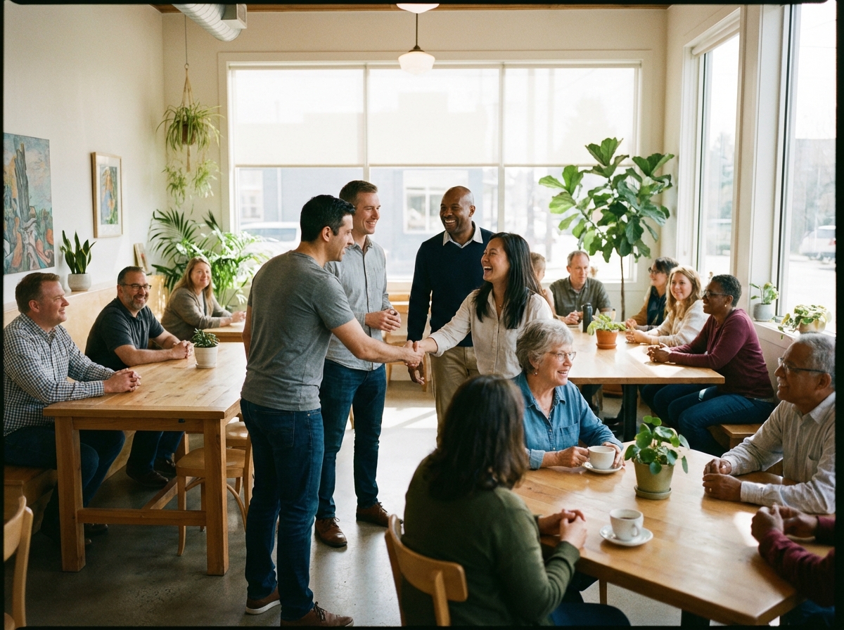 Friendly meeting between tech company representatives and local community members in a sunlit community center, diverse people smiling and shaking hands, 4:3, no visible text