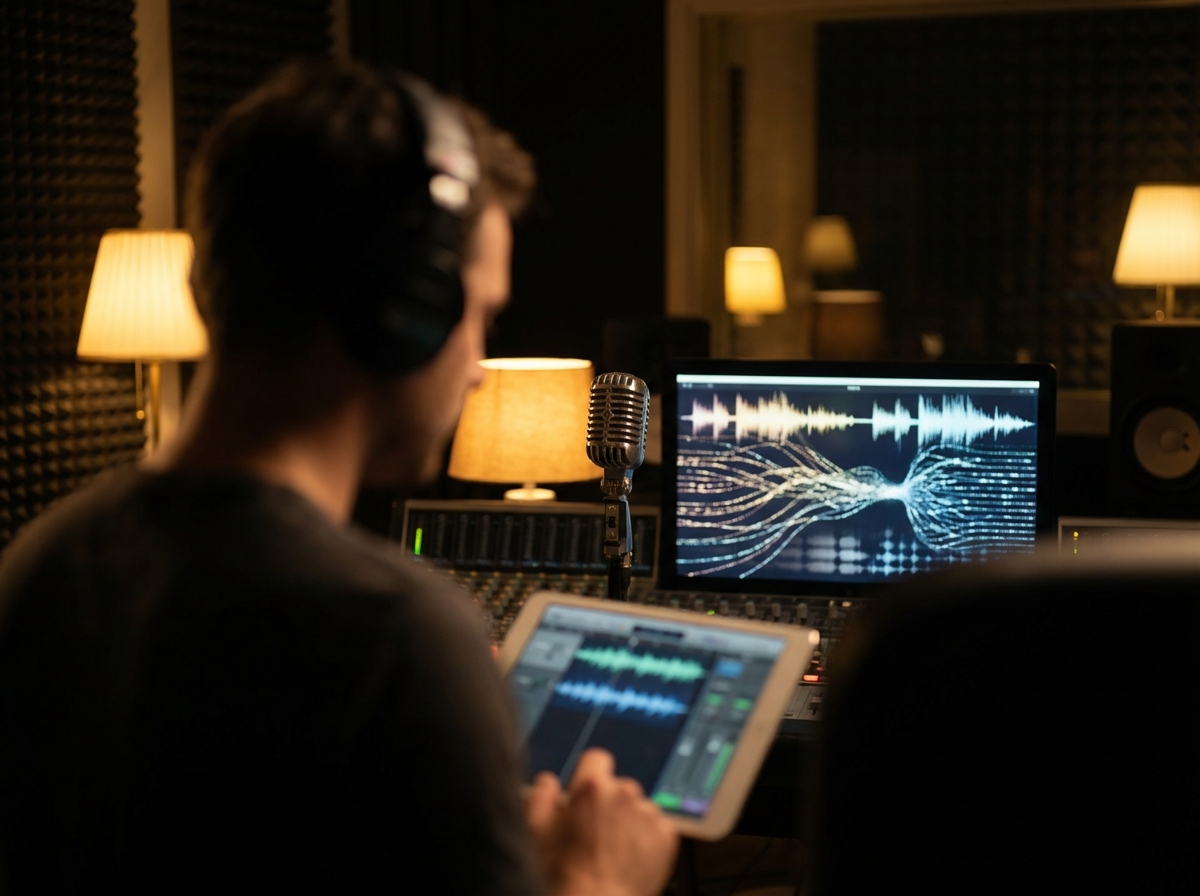 abstract concept of celebrity voices being digitized in a professional recording studio setting with soft lighting 4:3 aspect ratio no text