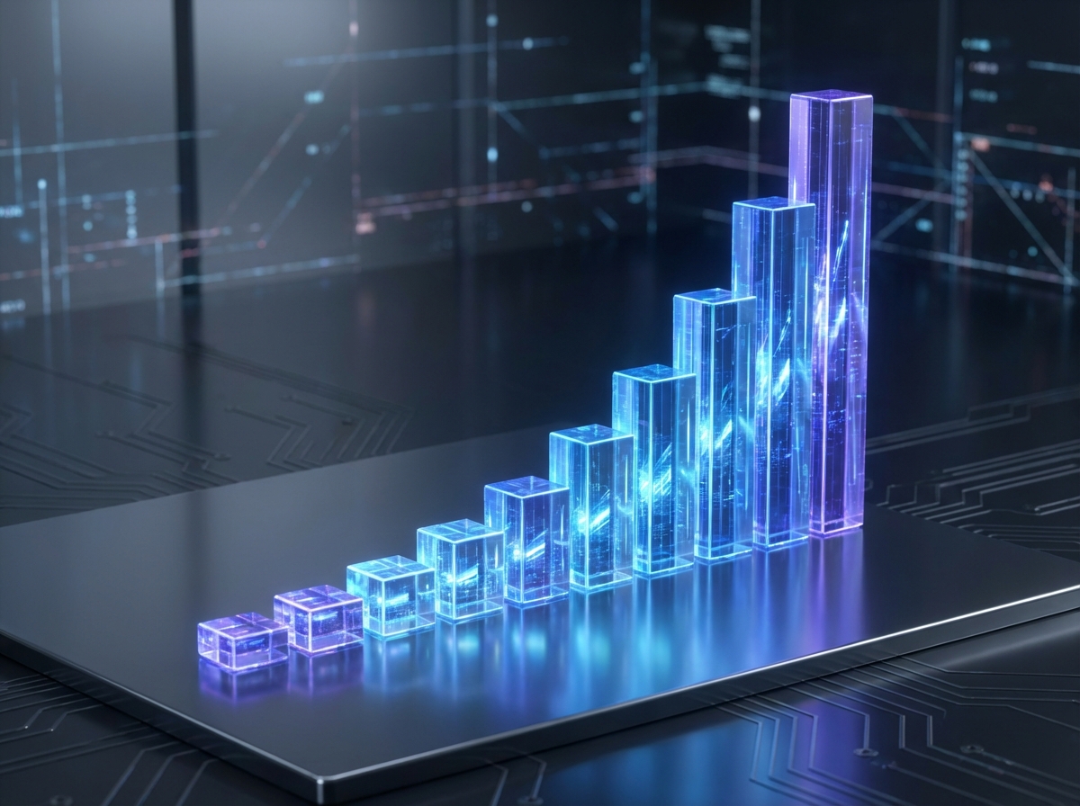 exponential growth graph represented by glowing 3D geometric bars in a clean high tech aesthetic 4:3 aspect ratio no text