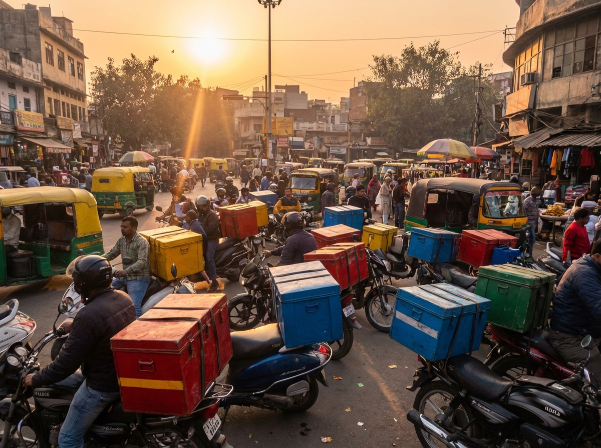 A busy urban street in India with several delivery motorcycles carrying colorful delivery boxes, sunset lighting, cinematic atmosphere, high quality photography, 4:3 aspect ratio, no text