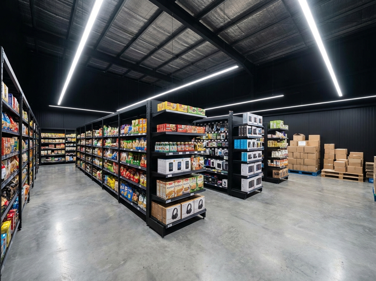 Modern clean dark store warehouse interior with shelves filled with groceries and electronics, organized delivery boxes, bright lighting, realistic wide angle shot, 4:3 aspect ratio, no text
