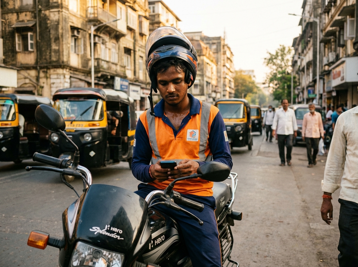 A young Indian delivery worker in a professional uniform sitting on a parked motorcycle, checking a smartphone, urban street background, warm afternoon lighting, realistic lifestyle photography, 4:3 aspect ratio, no text