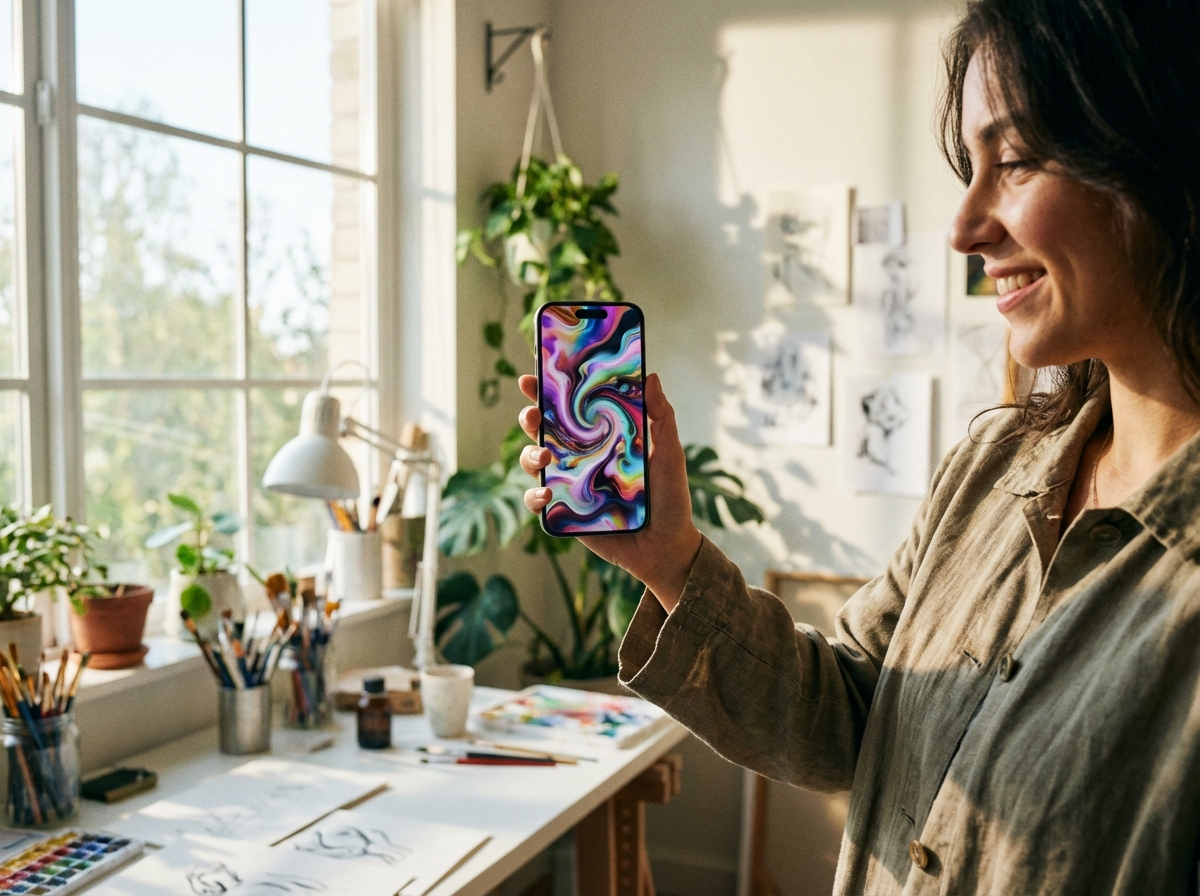 A lifestyle shot of a creative person holding a smartphone vertically, displaying a vibrant and dynamic AI-generated video on the screen, soft natural sunlight coming through a window, professional studio background, 4:3, no visible text