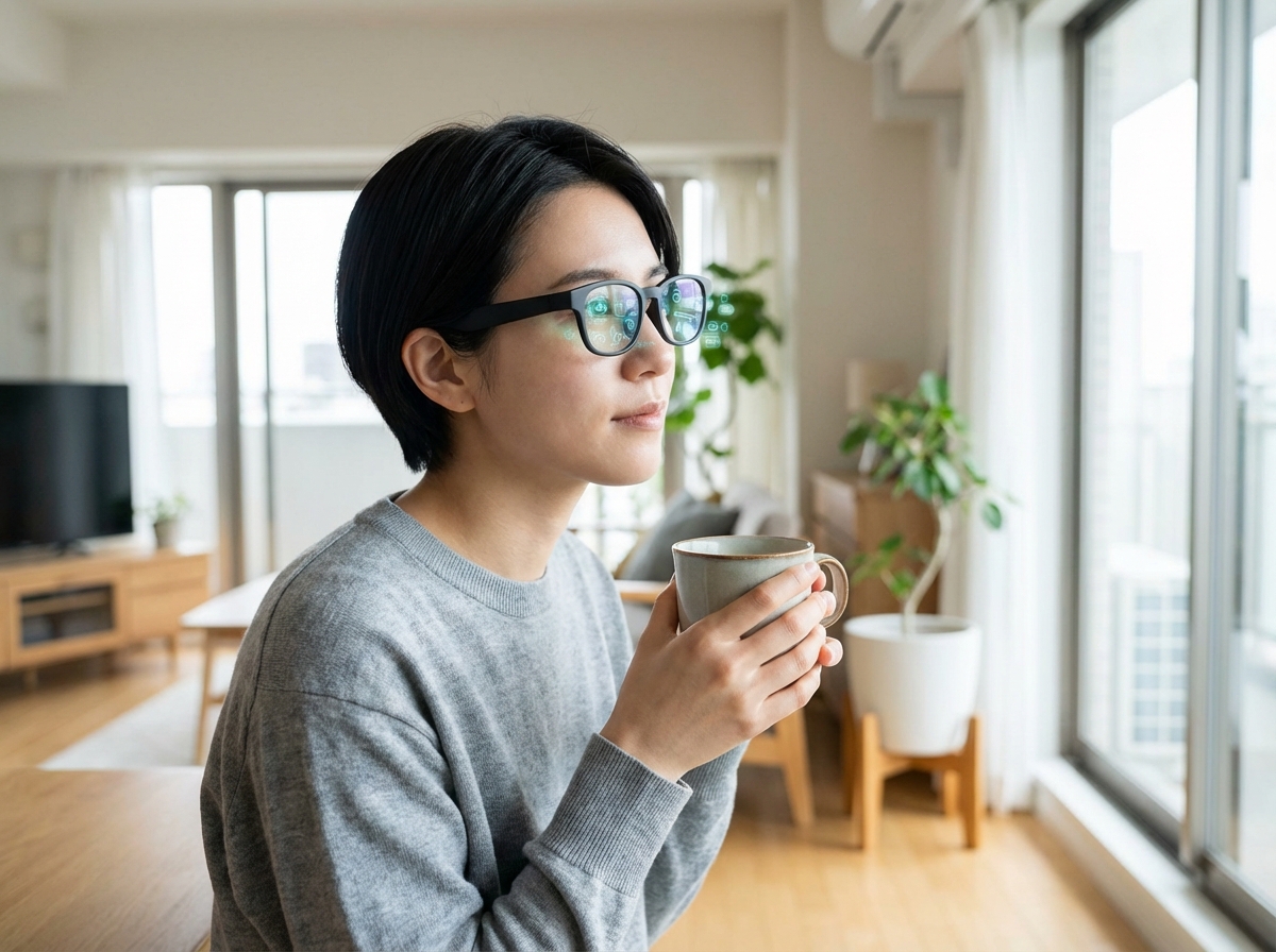 A high-tech smart glasses worn by a young adult, minimalist and sleek design, futuristic interface glowing slightly on the lenses, lifestyle photography, natural indoor lighting, 4:3, no visible text