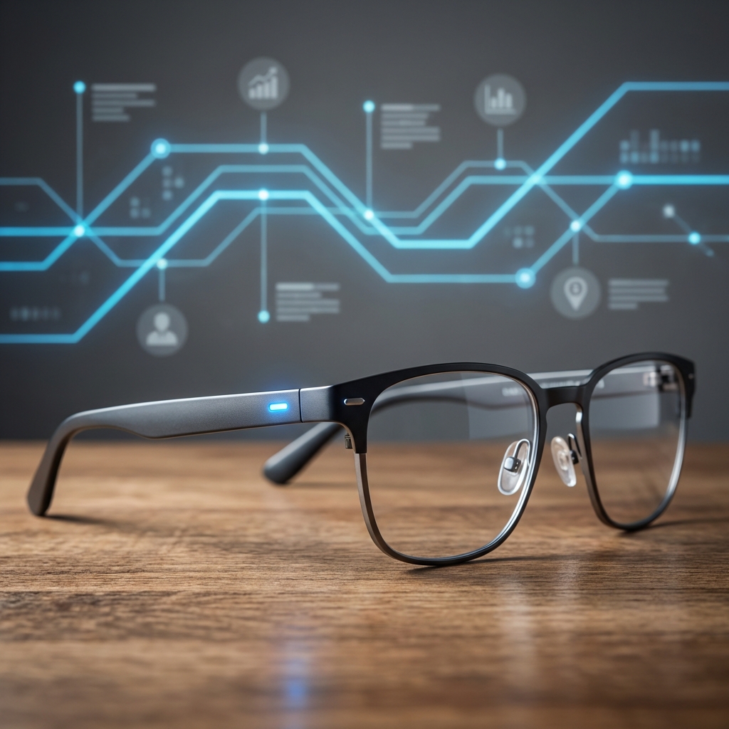 Close up shot of modern smart glasses on a wooden table, subtle blue light emitting from sensors, clean infographic style background, high contrast, 1:1, no visible text