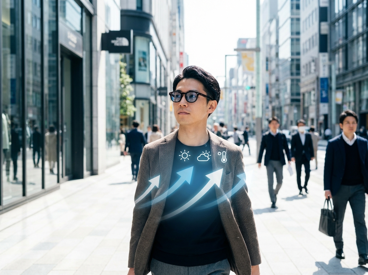 A person walking down a modern city street wearing stylish glasses, digital arrows and weather icons subtly overlaid in their field of vision, realistic lifestyle photography, bright daylight, 4:3, no visible text