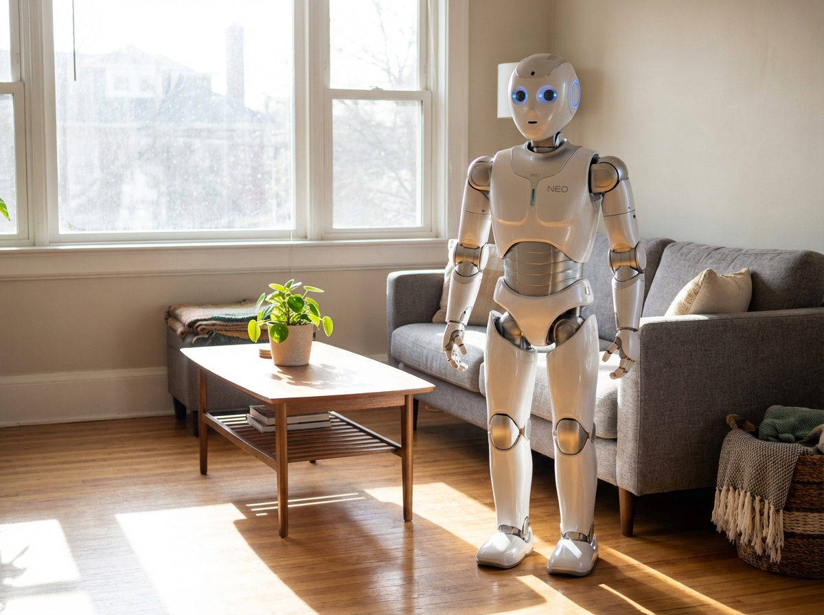A sleek and modern humanoid robot named Neo standing in a cozy, sunlit living room with wooden floors and minimalist furniture, natural lighting, high-quality photography, no text, 4:3