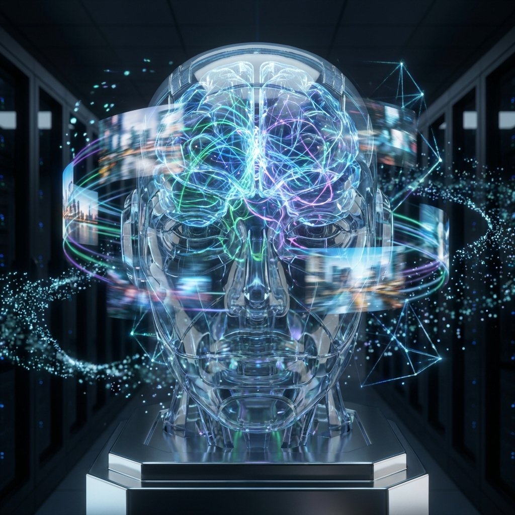 Conceptual art of a robot's brain processing streaming video data, glowing neural networks merging with real-world physics, vibrant colors, futuristic tech style, no text, 1:1