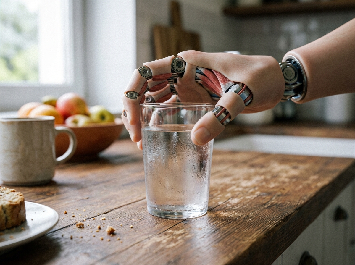 Close-up of a humanoid robot's hand with human-like dexterity picking up a glass of water on a kitchen counter, detailed textures, soft lighting, no text, 4:3