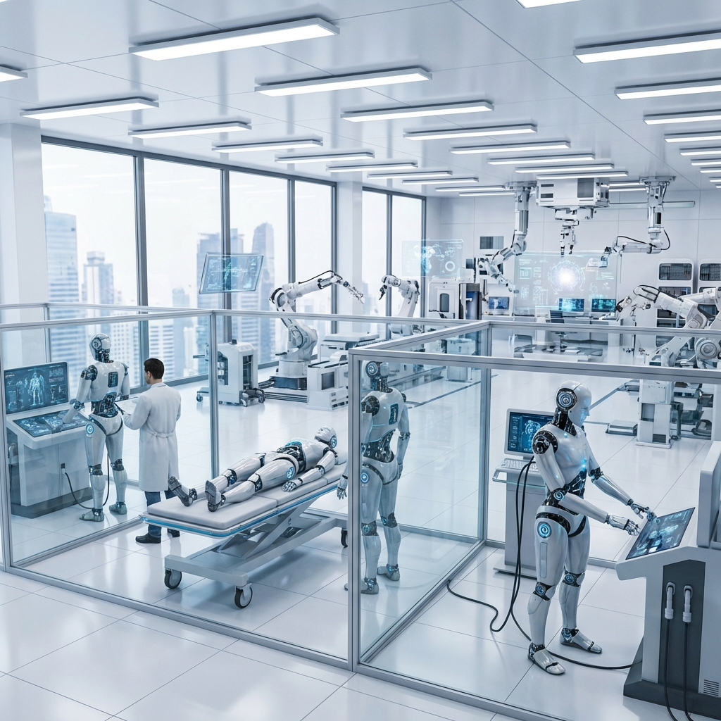 A bright and clean futuristic robotics laboratory with multiple Neo humanoid prototypes in various stages, high-tech equipment in the background, professional atmosphere, no text, 1:1