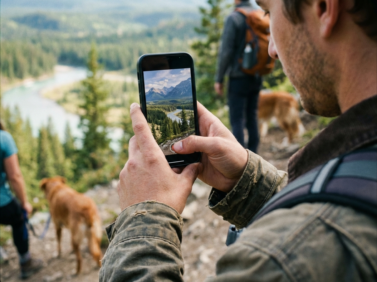 A person holding a phone outdoors recording a vertical video, 4K resolution atmosphere, natural daylight, lifestyle photography, 4:3, no visible text