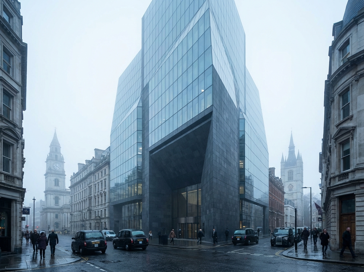 A modern architectural rendering of a massive, imposing embassy building located in the heart of London. The atmosphere is slightly foggy and dramatic, showing the scale of the structure amidst historical British buildings. No text, high detail, 4:3 aspect ratio.